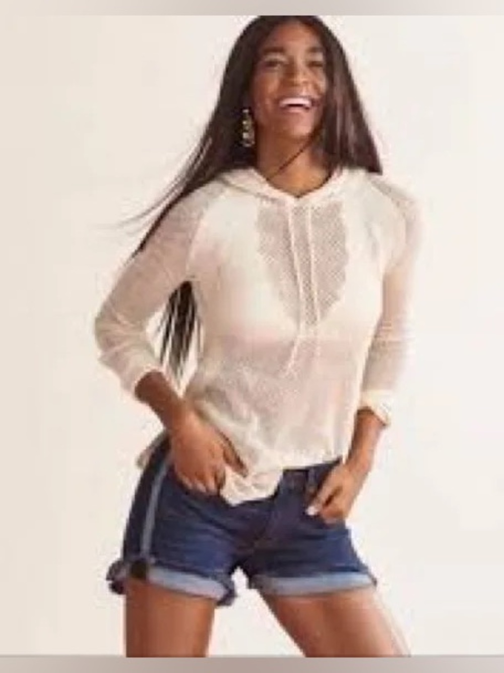 Cabi Open Mesh Hoodie Pullover S Cream Ivory Cotton Blend Boho Beach Cover Up